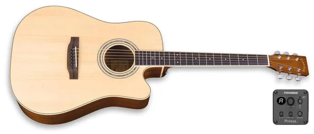 Zager ZAD50CE acoustic electric guitar in natural finish, front view